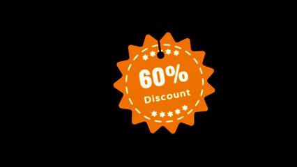 An energetic orange starburst shaped tag announcing a sixty percent discount with white stars and dashed border on a black background seasonal sales and clearance events