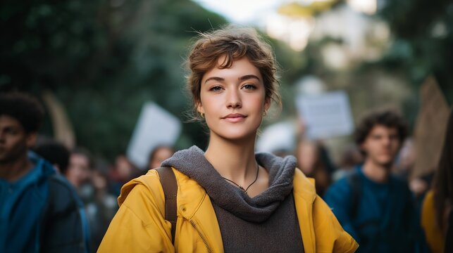 A grassroots campaign makes its way through a bustling neighborhood, with determined individuals distributing flyers and sharing their message of change as they march with conviction. cinematic