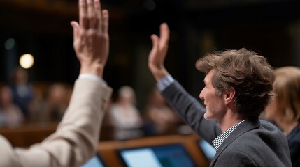 Council members voting by raising hands or pressing electronic panels, symbolizing legislative procedure, accountability, and policy approval. cinematic color correction, natural uneven lighting