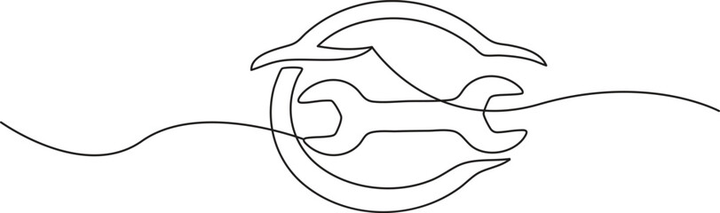 Modern single stroke line clean outline style of a wrench within a sleek car silhouette