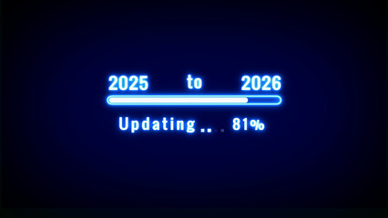 Futuristic neon blue progress bar indicating 81 percent completion of an update process from the year 2025 to 2026 with glowing text and a dark starry background