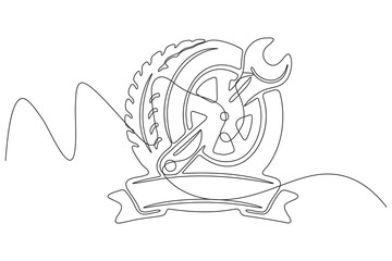 Minimal continuous one stroke drawing illustration of a car tire with wrench and ribbon banner