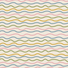 北欧テイスト波線パターン（アイボリー）ー アイボリーにピンク・ブルー・オリーブ・マスタードの波線。デザインペーパー、マスキングテープ、マスキングシールブック、フレークシール、クリアファイル、手帳デコ素材、ノート表紙、ハンカチ、箸、マグカップ、皿、キッチンクロス、キッチン雑貨、ポーチ等に最適。