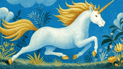 Wandcirkels Eenhoorn Childrens storybook beautiful white unicorn with flowing mane silhouetted against a blue sky in artistic nature scene illustration enchanted magical mythological creature with copy space   © Mary Salen