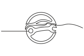 Continuous flowing line minimalist design concept of a round car repair emblem with a wrench