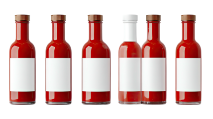 Row of bottles with blank labels, filled with red liquid, one white cap