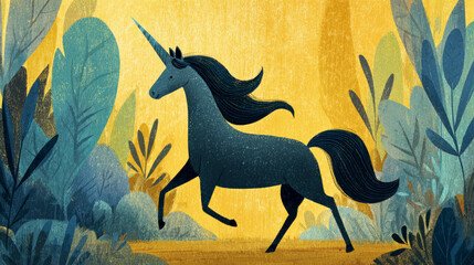 Childrens storybook beautiful unicorn with flowing mane silhouetted against a golden sky in artistic nature scene illustration enchanted magical mythological creature with copy space