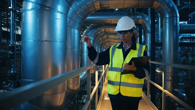 Engineer inspecting industrial plant walkway. Inspector holds clipboard and reviews maintenance. Hardhat and safety vest worn for protection. Factory with metal pipework and machinery. Calm mood.