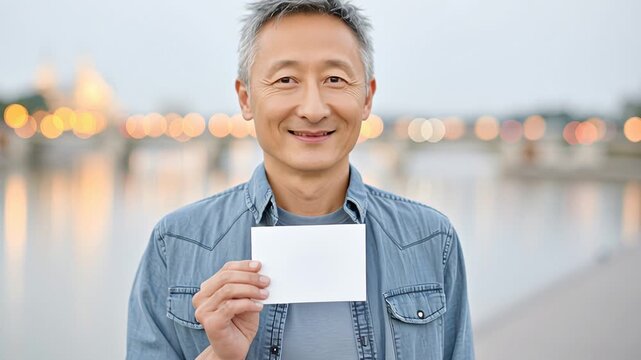Smiling man holding blank card with blurred cityscape background