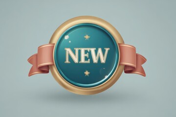 Glossy circular badge with the word NEW, gold rim, and decorative ribbon for product launches