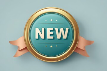 Glossy circular badge with the word NEW, gold rim, and decorative ribbon for product launches