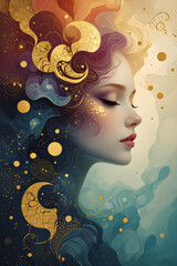 Ethereal Woman Portrait with Golden Celestial Accents
