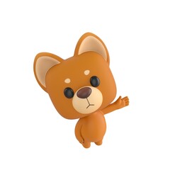 Obraz premium Cute 3D render Little Dog character looking up at the camera while gesturing to the side with one hand, friendly and welcoming pose, isolated on white background.