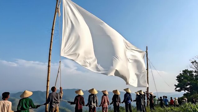 White flag waving in the wind with people standing below on a sunny day.