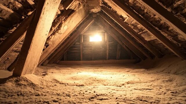 A serene attic space illuminated by warm sunlight filtering through.