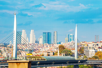 View of the Hali&ccedil; Bridge and Istanbul's business district at sunrise. Morning Istanbul.