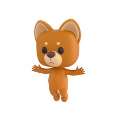 Cute 3D render Little Dog character floating in mid air with open arms, playful and joyful mascot style, isolated on white background.