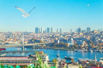 Magnificent panoramic view of the Golden Horn and the city's rooftops at sunrise.
