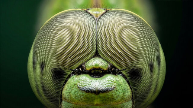 Lib&eacute;lula verde, Extreme Macro Close-Up of Green Dragonfly Compound Eyes and Face Structure