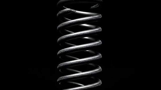Close-up of a metallic spring against a black background, detailed view.