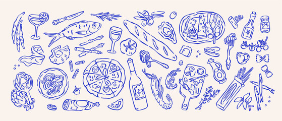 Italian food set in Dolce Vita drawn style. Mediterranean cuisine sketches, doodles. Pasta, pizza, fish, seafood, wine bottle, Italy snacks. Flat vector illustration isolated on white background