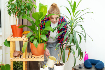 A middle-aged Caucasian woman tending to plants. Home gardening.
