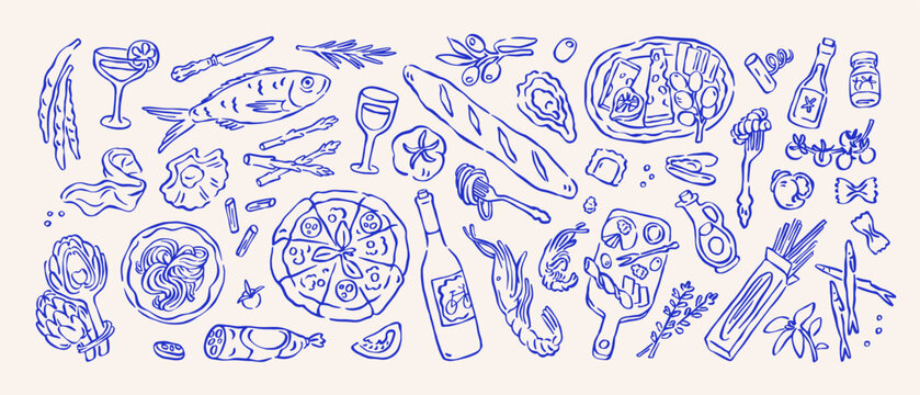 Italian food set in Dolce Vita drawn style. Mediterranean cuisine sketches, doodles. Pasta, pizza, fish, seafood, wine bottle, Italy snacks. Flat vector illustration isolated on white background