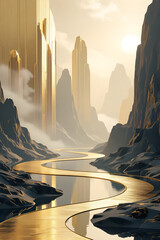 Futuristic Golden Cityscape with a Winding River and Rocky Mountains