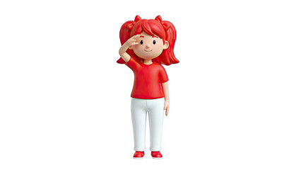 3D Cartoon Girl with Red Hair Saluting