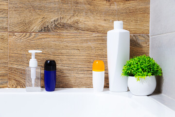 Cosmetic products in bottles and a potted plant sit on the bathtub.