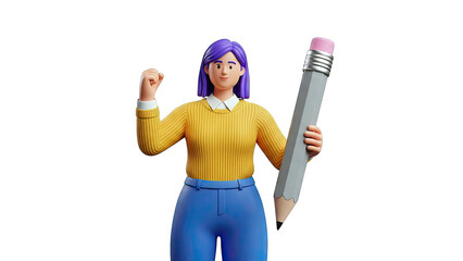 3D Cartoon Woman Holding a Giant Pencil