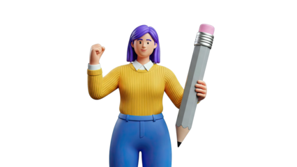 3D Cartoon Woman Holding a Giant Pencil