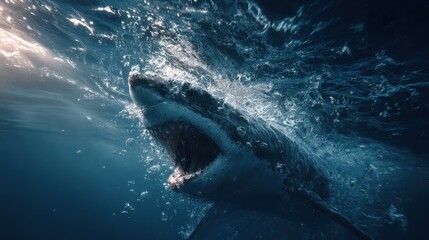 Great white shark with jaws wide open in deep ocean, CGI rendering