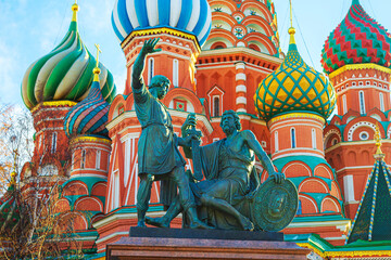 Monument to Minin and Pozharsky and St. Basil's Cathedral on Red Square in Moscow.