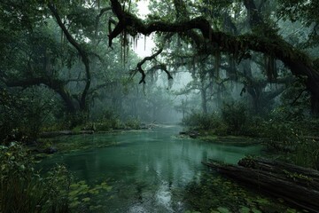 Obraz premium Green swamp at dusk: moody reflections on glassy water in a photorealistic 3D illustration
