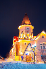 The post office building is an example of wooden architecture. Polar night.