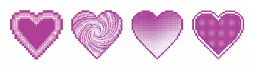 Four pixel art pink and magenta hearts with different fill patterns isolated on white background.