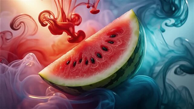 Vibrant watermelon slice immersed in colorful swirling liquids creating an artistic composition with rich textures and patterns