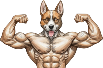 Muscular dog with flexed arms and confident expression isolated on transparent background