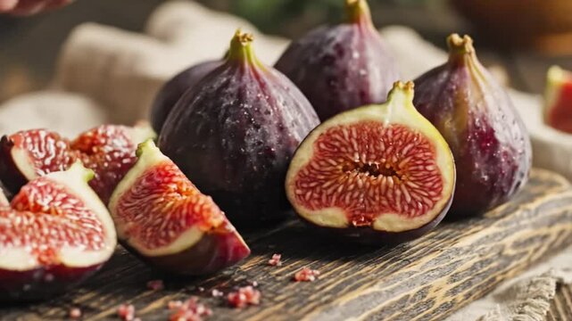 Chef carefully slicing fresh figs on a rustic wooden cutting board for a healthy fruit snack