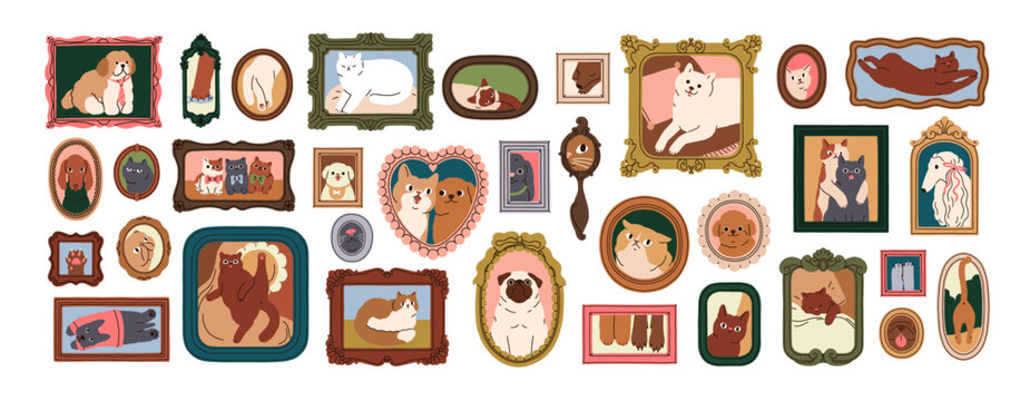 Pet portraits in frames set. Cute cats and dogs, interior pictures and photos. Wall gallery, funny playful home animals, felines and canines. Flat vector illustration isolated on white background