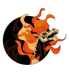 Mythical creature Bakotsu head illustration with intense angry expression and wavy flaming hair. Japanese folklore spirit design in vibrant orange and black colors for streetwear apparel.