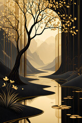 Golden Tree Beside Reflecting Stream In Dark Landscape