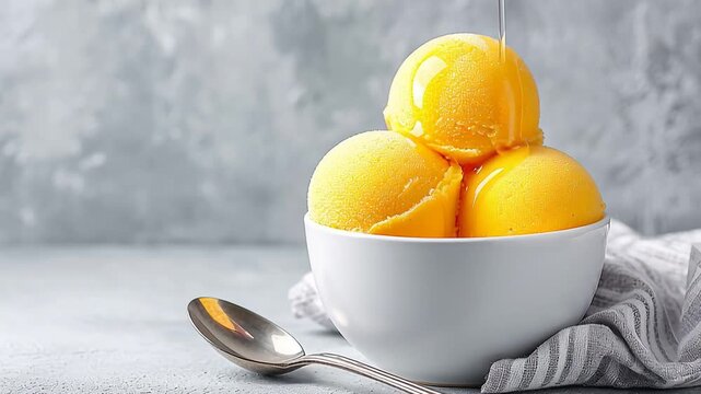 Delicious mango sorbet scoops in white bowl with drizzle and spoon on textured background