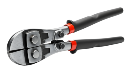 High-quality metal bolt cutters with red accents and black grips on transparent background