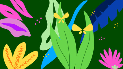 Tropical jungle foliage abstract vector illustration with vibrant colorful leaves and butterflies