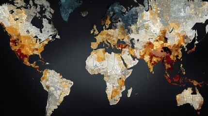 A map of the world with areas highlighted in darker shades to show regions suffering from high levels of poverty and inequality.