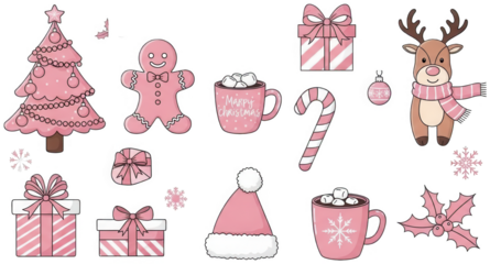 Pink Christmas decorations with gingerbread man reindeer and hot chocolate
