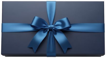 Dark navy blue gift box top view with elegant cross ribbon bow