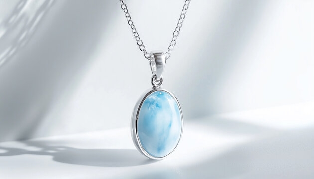 Oval larimar stone pendant on silver chain. Blue gemstone jewelry accessory for women. Minimalist, elegant, and delicate necklace for daily wear